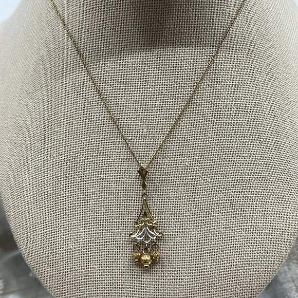 Vintage 10k Italy Gold Chain & Pendant with White and Yellow Gold Accents - Picture 3 of 12